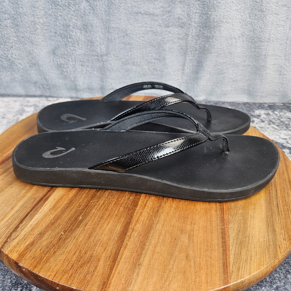 Olukai Puawe Sandals Women's 9 Black Comfort Thong Flip Flop Beach Pool Slip On